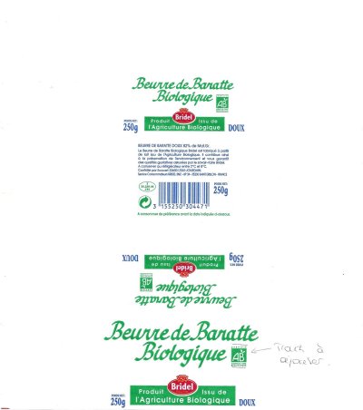 Bridel beurre de baratte biologique produit issu de l'agriculture biologique 250g F 35.239.05 CEE Bretagne France
