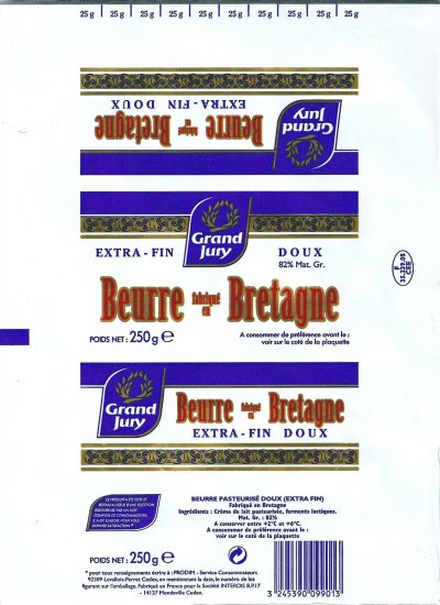 Beurre fabriqué en Bretagne grand jury doux extra-fin 250g F 35.239.05 CEE France