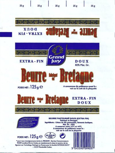Beurre fabriqué en Bretagne grand jury doux extra-fin 125g F 35.239.05 CEE France
