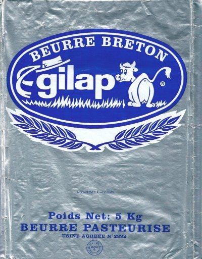 Beurre breton Gilap poids net 5 000g beurre pasteurisé usine agréée n° 2392 35230 Bourgbarré Bretagne France