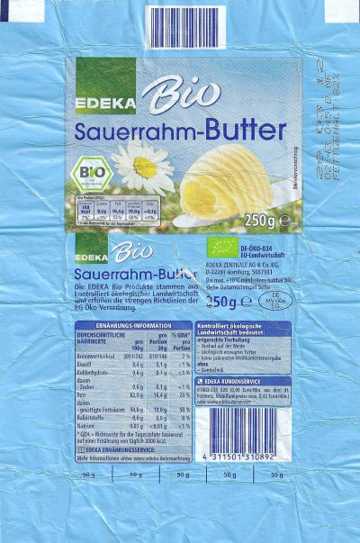 Edeka bio sauerrahm-butter 250g DE MV 006 EG Mecklembourg - Poméranie occidentale Allemagne