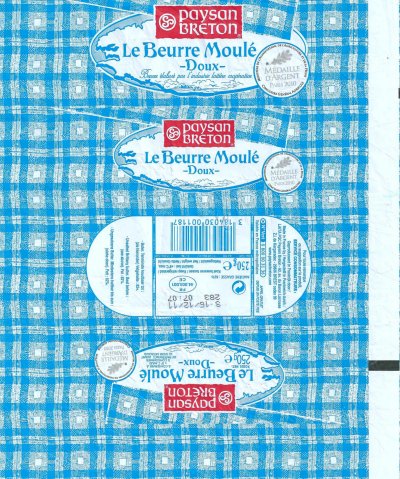 Paysan breton le beurre moulé doux médaille d'argent Paris 2010 250g FR 44.003.001 CE Pays de Loire France