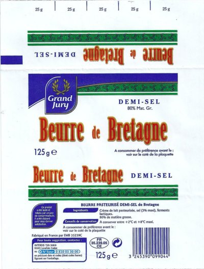 Beurre de Bretagne grand jury pasteurisé demi-sel 125g F 35.239.09 CEE France