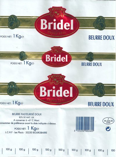 Bridel depuis 1846 beurre doux 1000g F 35.239.05 CEE Bretagne France