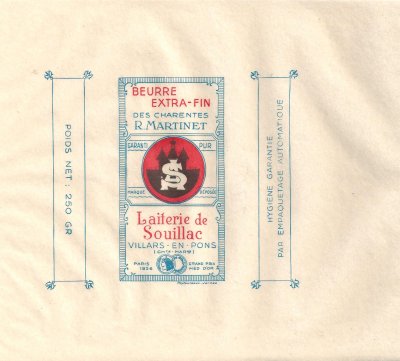 Laiterie de Souillac Villars en Pons Beurre extra-fin des Charentes R. Martinet Paris 1926 grand prix méd d'or 250g Poitou-Charentes