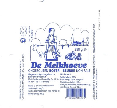 De Melkhoeve ongezouten boter beurre non salé 250g BE CO 122-1 CE Belgique exportation