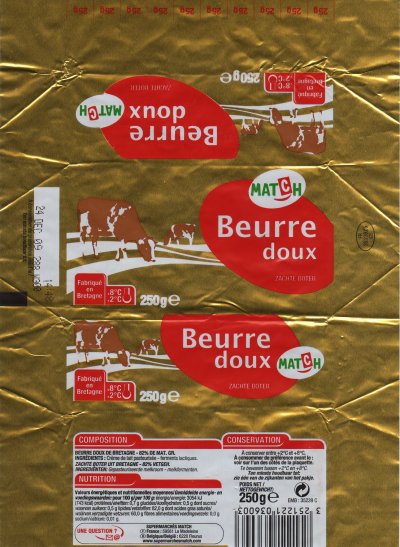 Match beurre doux fabriqué en Bretagne 250g FR 35.239.06 CE France