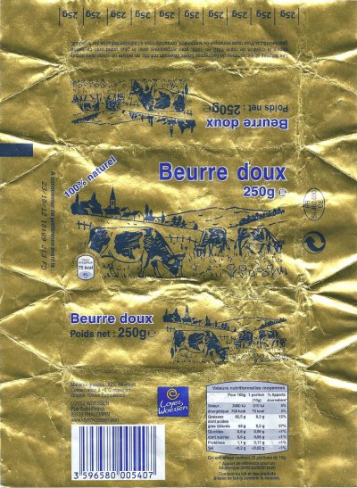 Beurre doux 100 % naturel 250g Loyez Woessen FR 59.462.030 CE Nord-Pas de Calais France
