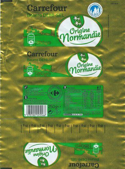 Carrefour beurre demi-sel origine Normandie 250g FR 50.139.001 CE France