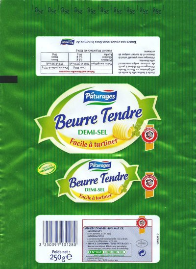 Pâturages beurre tendre demi-sel facile à tartiner 250g FR 50.139.001 CE Normandie France