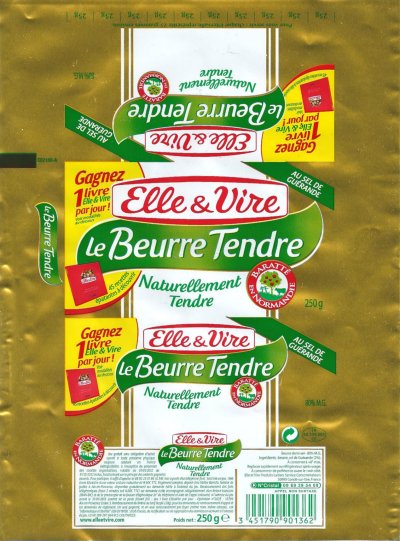 Elle & Vire le beurre tendre baratté en Normandie au sel de Guérande gagnez un livre Elle & Vire par jour 250g FR 50 139.001 CE France